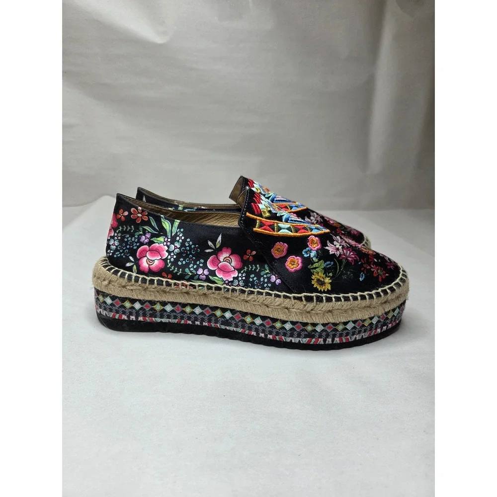 Johnny Was Black Leopard Floral Embroidered Platform Espadrille Shoes Size 9.5